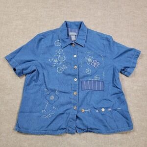 Koret‎ Shirt Womens Large Blue Embroidered Collared Button Casual Office Fit